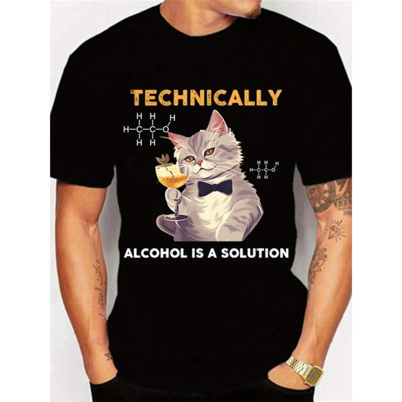 Hot Technically Alcohol Is A Solution Graphic Tshirt Funny Cat Drinking Beer Tshirt, Trendy Cotton Tops Short Sleeve,...