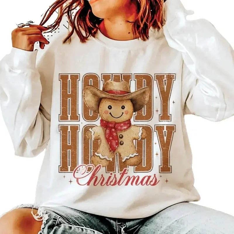 Howdy Christmas Season Shirt, Christmas Western, Christmas Gingerbread Man Crewneck Sweater, Retro Howdy Shirt Hoodie,...