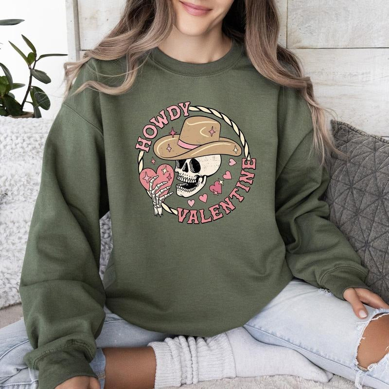 Howdy Valentine Skeleton Cowboy Western Country Crew Neck Love Heart Cupid T-Shirts, Hoodie, Sweatshirt