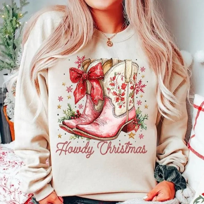 Howdy Western Christmas Shirt, Coquette Christmas, Holiday Cowgirl Sweater, Retro Christmas Western Pink Cowgirl Boot Tee...