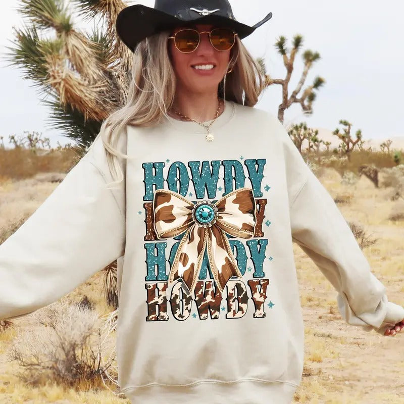 Howdy, Western, Cow Print, Cowboy, Cowgirl, Country Sweatshirt, Crew Neck, Women's, Crewneck T-Shirts, Hoodie