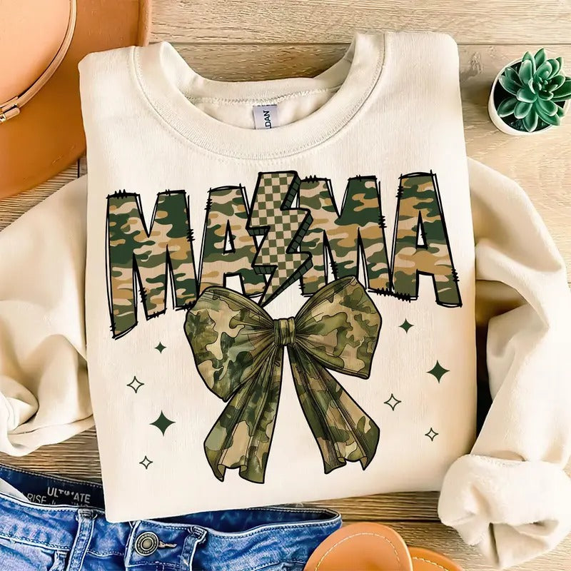Hunting Mama Camo Bow Tee, Hunting Season Camo Bow Deer Duck Mama Sweatshirt Hoodie | GrindPrints.com