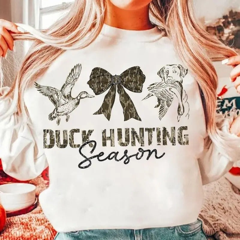 Hunting Season Duck and Dog Camo Coquette Bow Sweatshirt, Old School Camo Girls Shirt Top Hoodie | GrindPrints.com