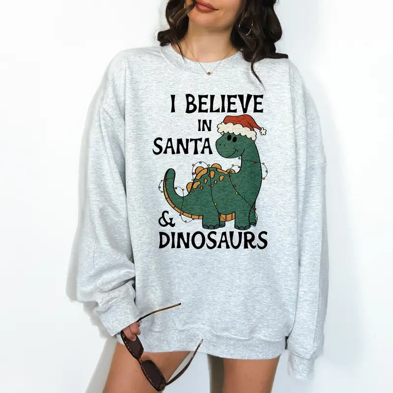 I Believe Santa Dinosaurs Print Is Sublimation Funny Funny Relaxed Fit Casual T-Shirts, Hoodie, Sweatshirt
