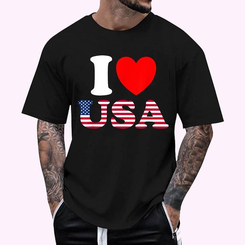 I Heart USA I Love USA Fun United States America Regular Fit Letter Round Neck Casual Short Sleeve Crew Neck Shirt Summer Top Daily T-Shirts, Hoodie, Sweatshirt