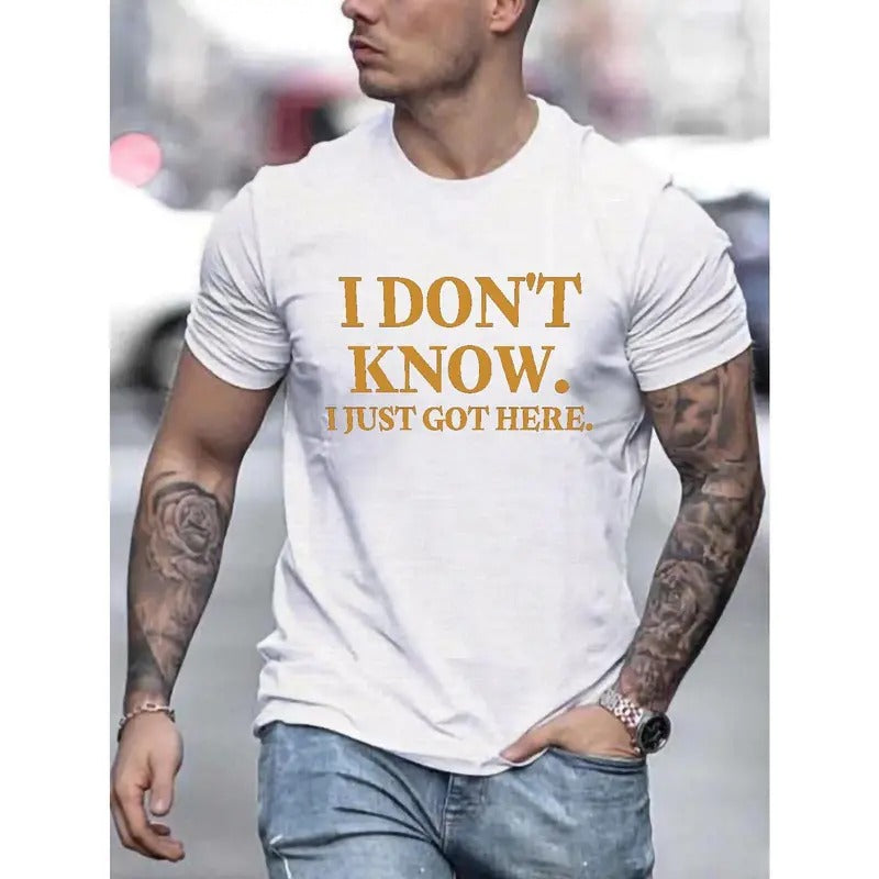I JUST GOT HERE Letters Print Casual Crew Neck Short Sleeve T-shirt For Men, Quick-drying Comfy Casual Summer Tops For...
