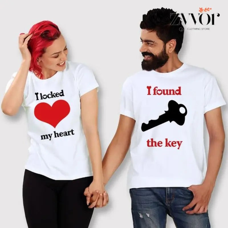 I Locked My Heart I Found The Key Funny Couple Shirt Cotton Fabric Casual Streetstyle Crew Neck Short Sleeve T-Shirt for...