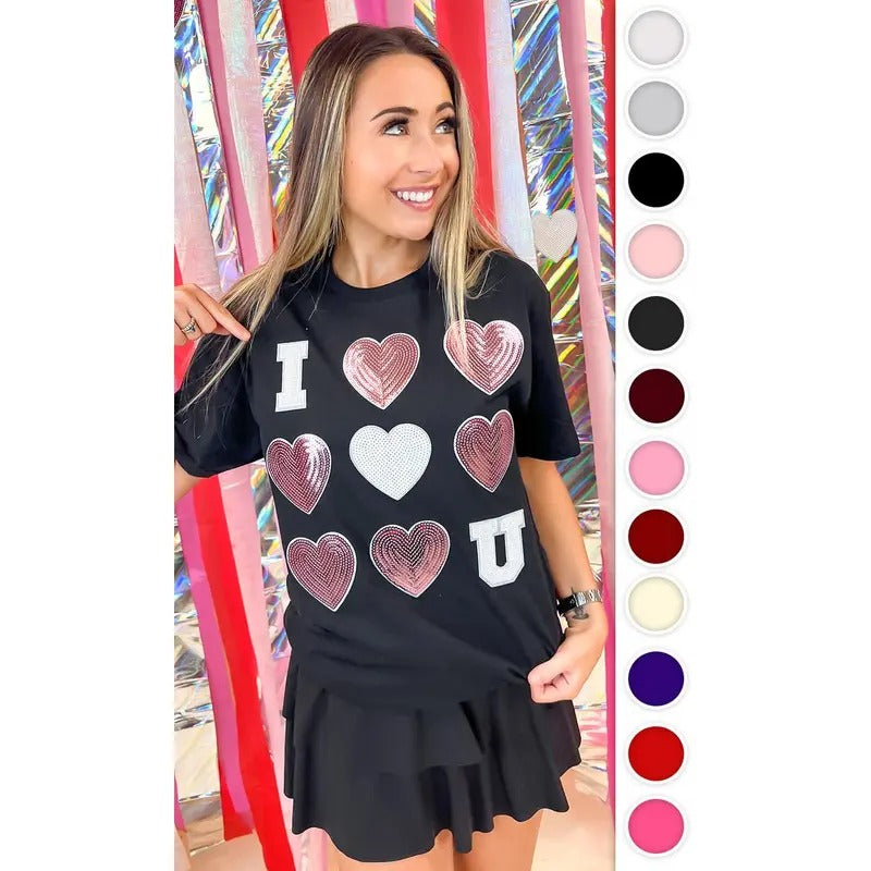 I Love You  Sequin Valentine Heart Graphic T-Shirt Hoodie, Sweatshirt | GrindPrints.com