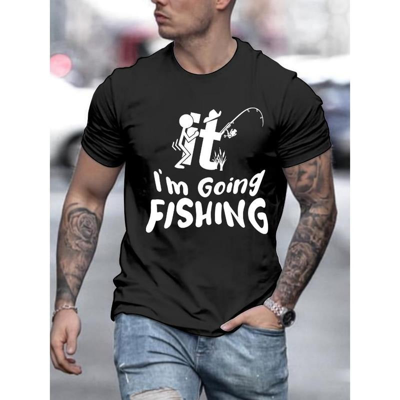 I'M GOING FISHING Print Short Sleeve Casual T-shirt Men's Comfy Summer Outfit Made in USA Hoodie, Sweatshirt