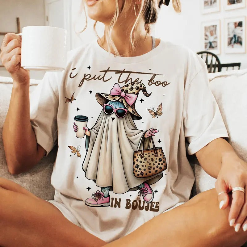 I Put The B00 In Bouje Ghost Shirt, Girly Halloween Shirt, Gothic Girl, Coquette Halloween, Unisex Short Sleeve Tee...