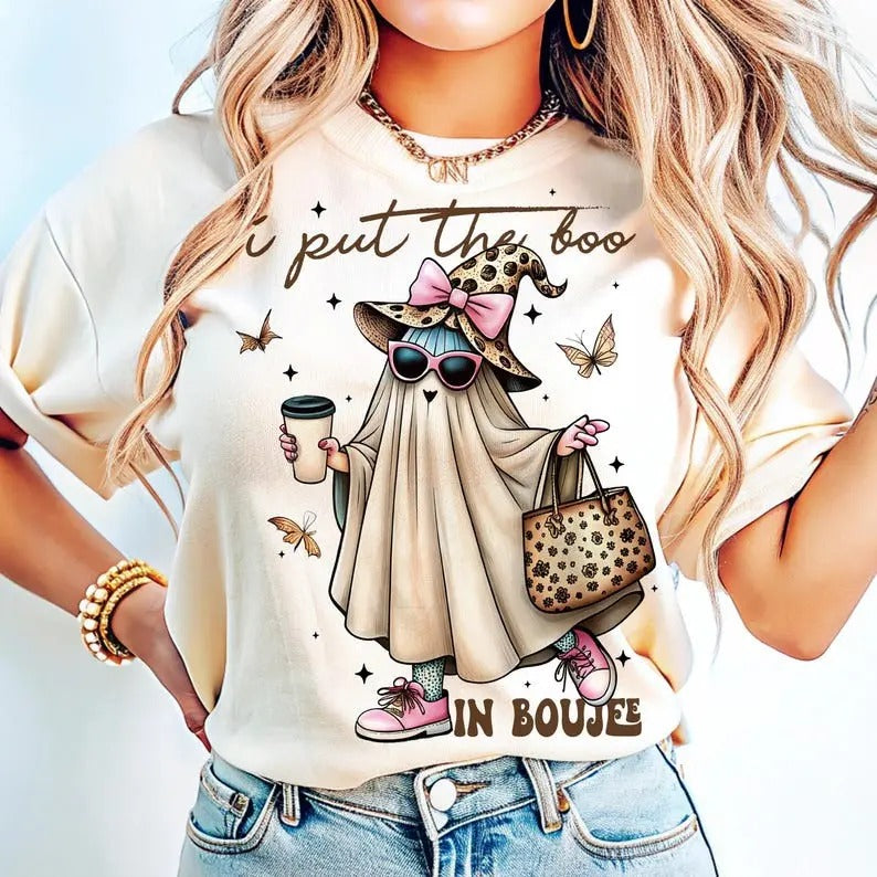 I Put The Boo In Boujee Ghost T-Shirt , Halloween Ghost Sweatshirt, Girly Halloween Boo Shirt Hoodie | GrindPrints.com