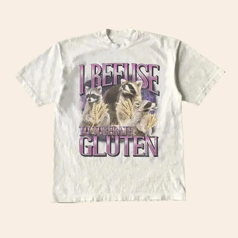 I Refuse To Tolerate Gluten Graphic Shirt, Unisex Funny Retro Raccoon Shirt, Funny Meme Tee, Vintage Style Cotton Tee,...