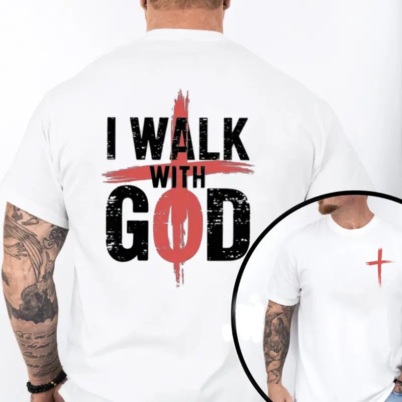 I Walk With God Graphic Tee Pure Cotton Casual Street Style Crew Neck Short Sleeve T-Shirt Tops Trendy For Women For Men,...