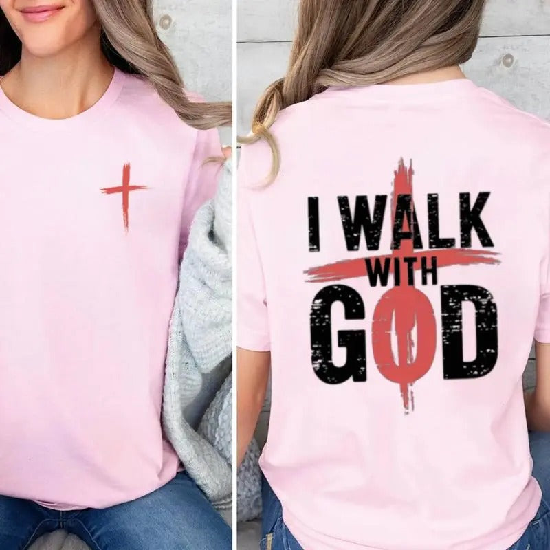 I Walk With God Graphic Tee Pure Cotton Casual Street Style Crew Neck Short Sleeve T-Shirt Tops Trendy For Women For Men,...