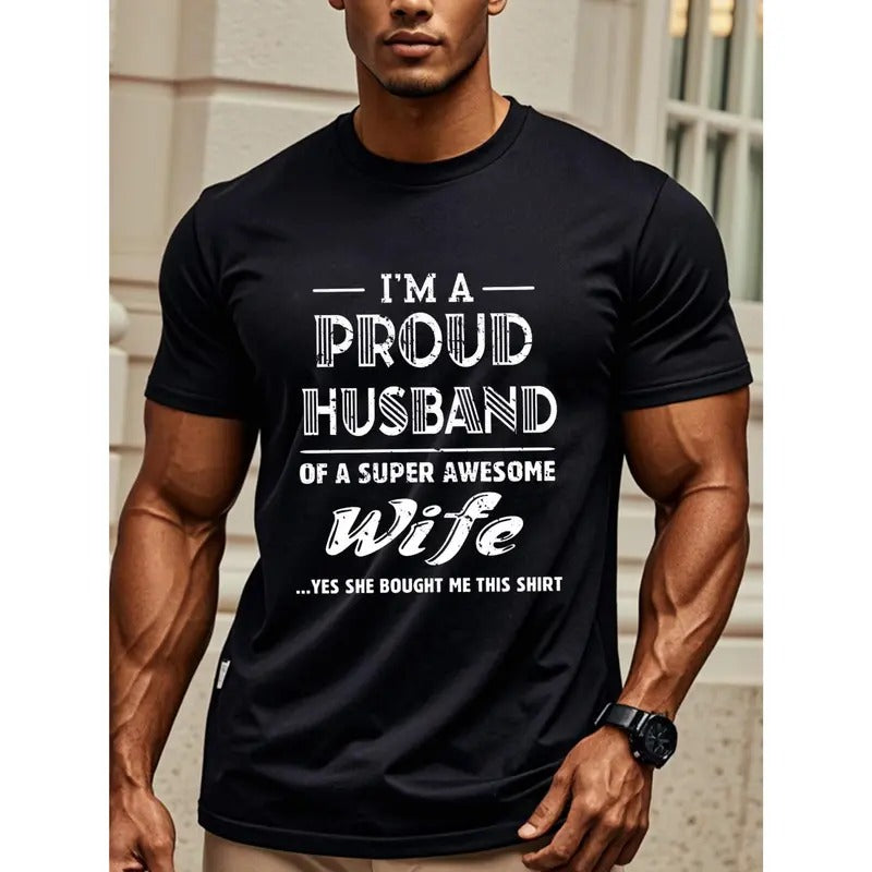 I'm A Proud Husband Of A Super Awesome Wife Shirt, Husband T Shirt For Men, Men's T Shirts, Crew Neck Graphicng, Weekend...
