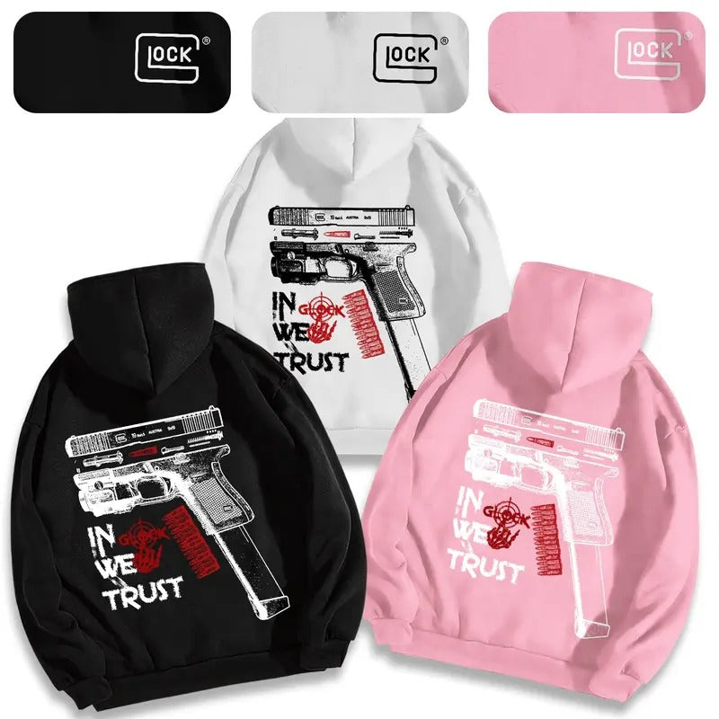 IN GLOCK WE TRUST HOODIE DOUBLE SIDE NEW ERA FOR MEN FOR WOMEN Cotton Menswear T-Shirts, Sweatshirt | GrindPrints.com