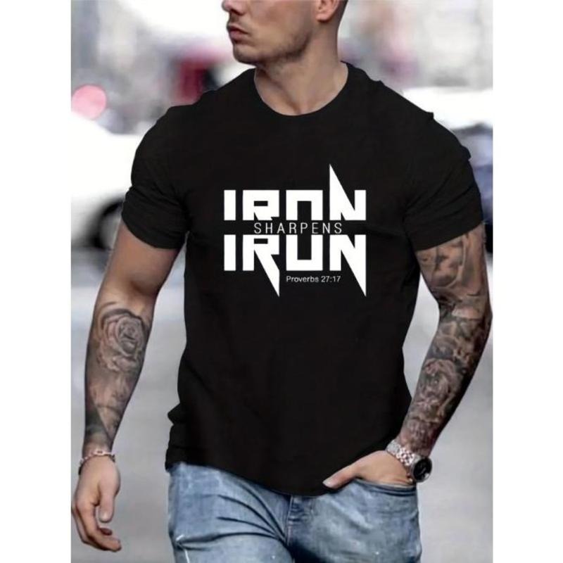 IRON SHARPENS Letter Graphic Print Men's Creative Top, Casual Short Sleeve Crew Neck T-shirt, Men's Tee For Summer...
