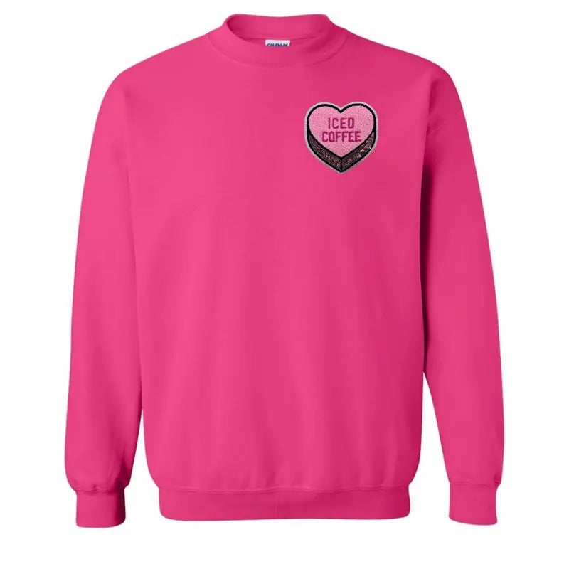 'Iced Coffee Candy Heart' Letter Patch Crewneck Sweatshirt T-Shirts, Hoodie | GrindPrints.com
