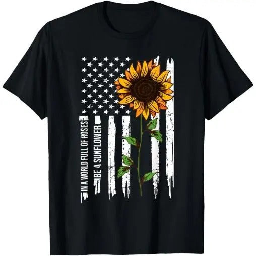 World Full Roses Be Sunflower American Flag Made USA T-Shirts, Hoodie, Sweatshirt
