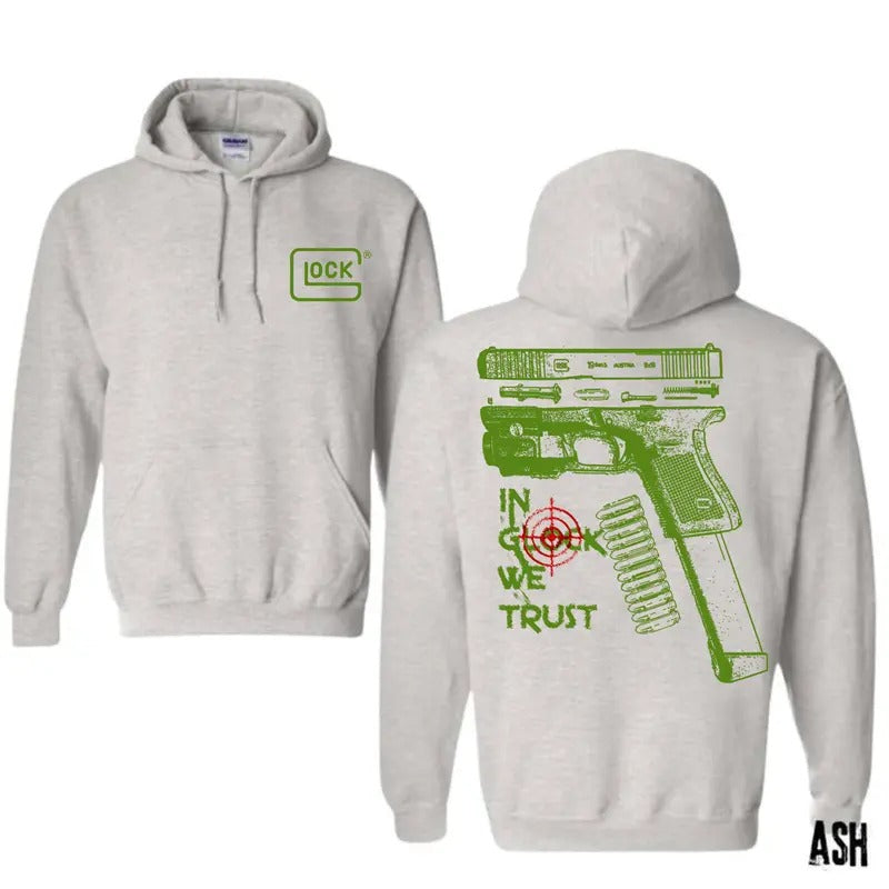 In Glock We Trust Standard size Ash Hoodie with Multicolor Design for Men and Women - Classic Fit - Menswear Womenswear...