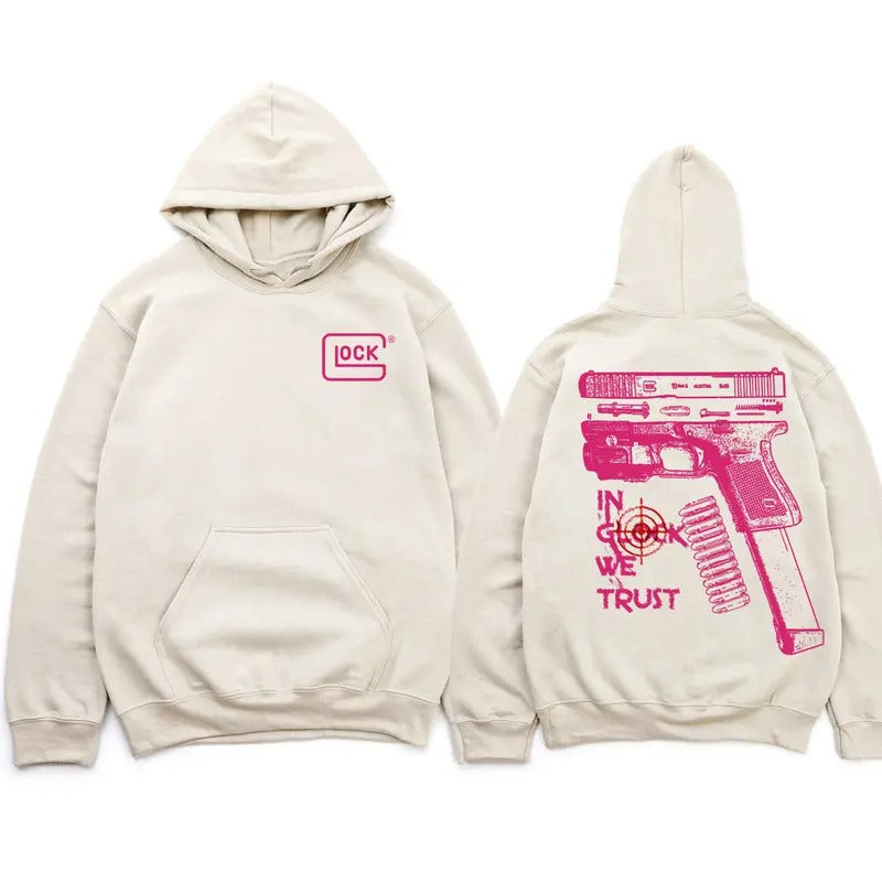 In Glock We Trust Standard size Sand Hoodie with Multicolor Design for Men and Women - Classic Fit - Menswear Casual...