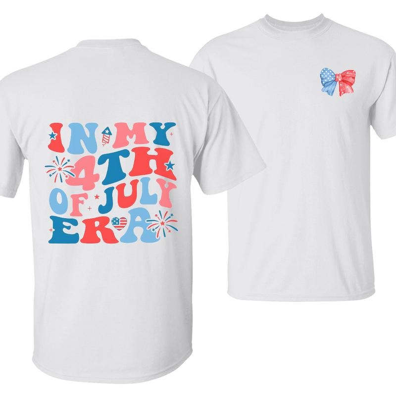 In My 4th of July Era T-Shirt, Cute Patriotic Independence Day Tee, Red White and Blue Bow Graphic, Fireworks and Stars...