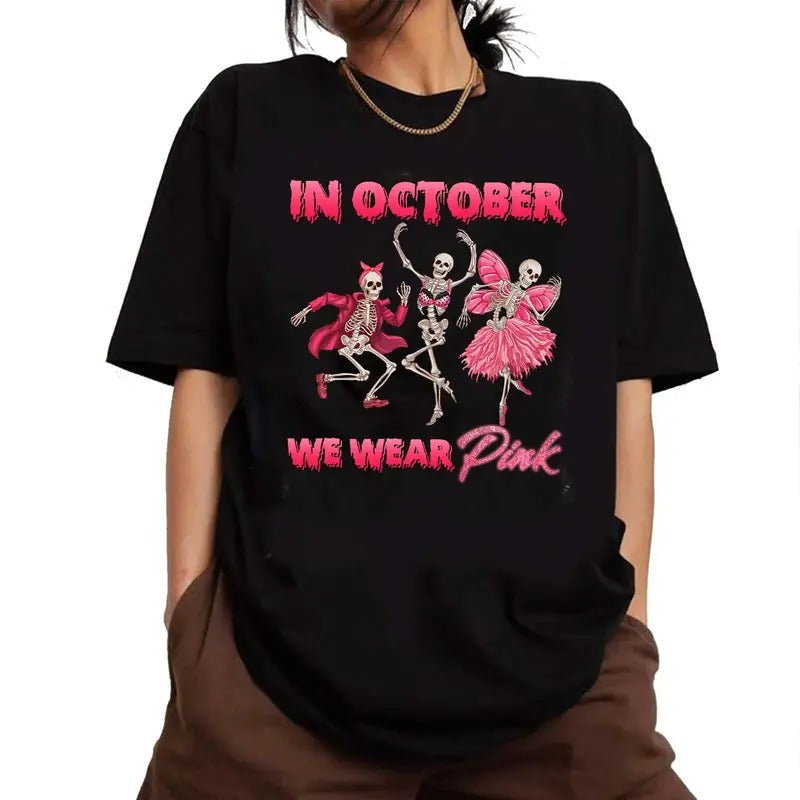 In October We Wear Pink Funny Shirt Ghost Dance, Cute Tee For Halloween Love Pink Shirt With October Hoodie, Sweatshirt