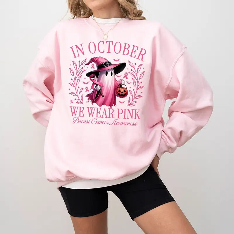 In October We Wear Pink Ghost Sweatshirt, Halloween Ghost Sweatshirt, Pink Ribbon Shirt, Breast Cancer Awareness...