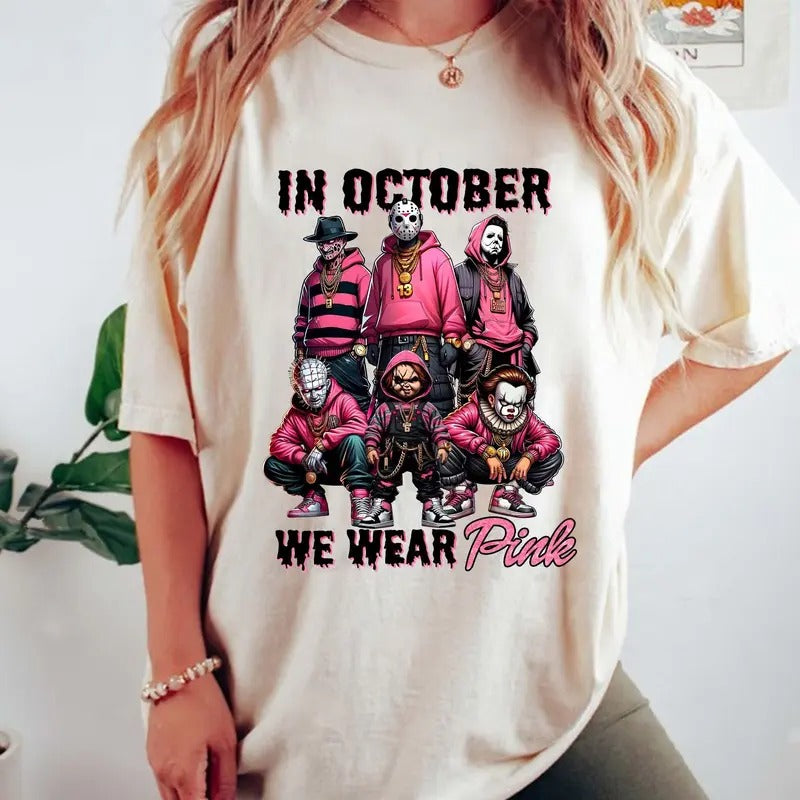In October We Wear Pink Shirt, Friends Horror Characters Tee, Horror Movie, Scary Halloween Shirt, Unisex Shirt, Casual...