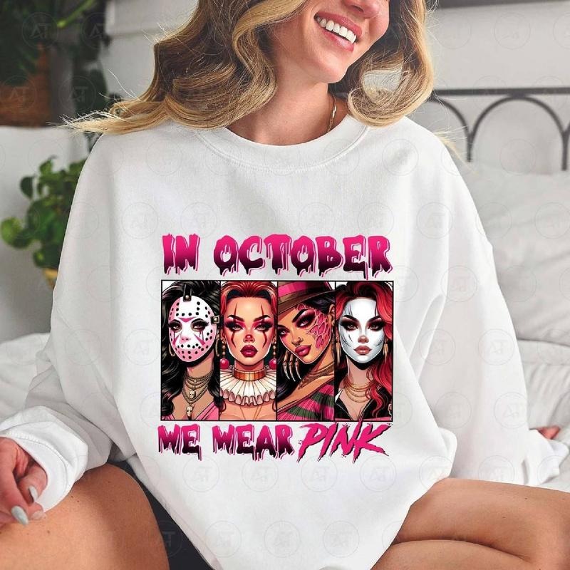 In October We Wear Pink Shirt, Halloween Bad Girls Characters Breast Cancer Awareness Breast Cancer Month Halloween Shirt...