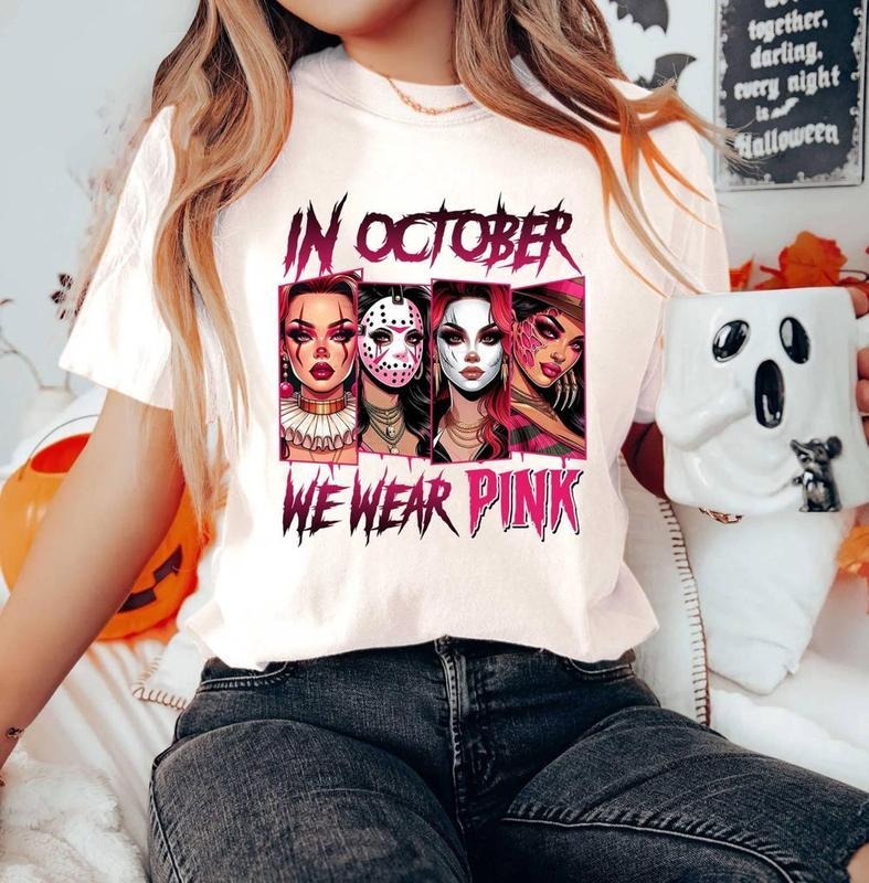 October We Pink Shirt Halloween Movie Shirt Pink Horror Characters Spooky Season Shirt Halloween Shirt Lady Horror Shirt Horror Shirt Halloween Ghostface T-Shirts, Hoodie, Sweatshirt