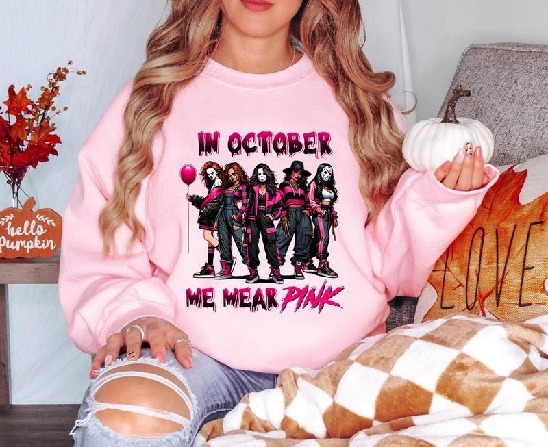 In October We Wear Pink Shirt, Halloween Movie Shirt, Pink Horror Characters, Spooky Season Shirt, Halloween Shirt,...