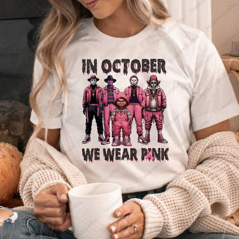 In October We Wear Pink Shirt, Jason Voorhees Michael Myers Pennywise Halloween Characters Breast Cancer Awareness Breast...
