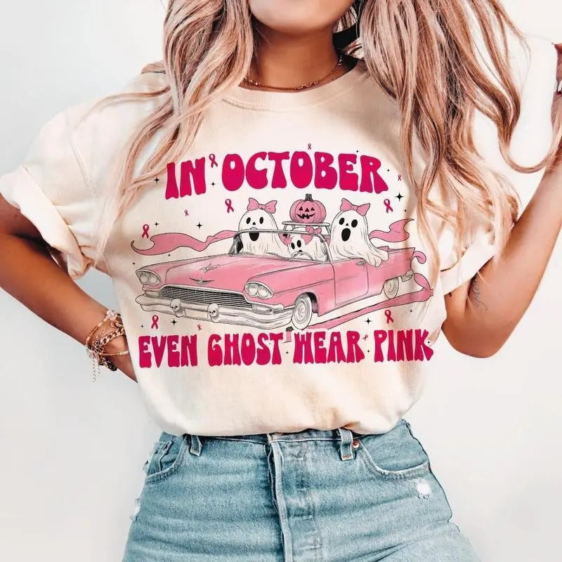 In October We Wear Pink Sweashirt, Breast Cancer Crewneck Shirt, Breast Cancer Awareness Hoodie , Cancer Support Shirt,...