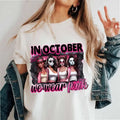 In October We Wear Pink Tee Shirt, Horror Movie Tee, Halloween Friends, Pink Br3ast Canc3r Shirt, Unisex Short Sleeve Tee...