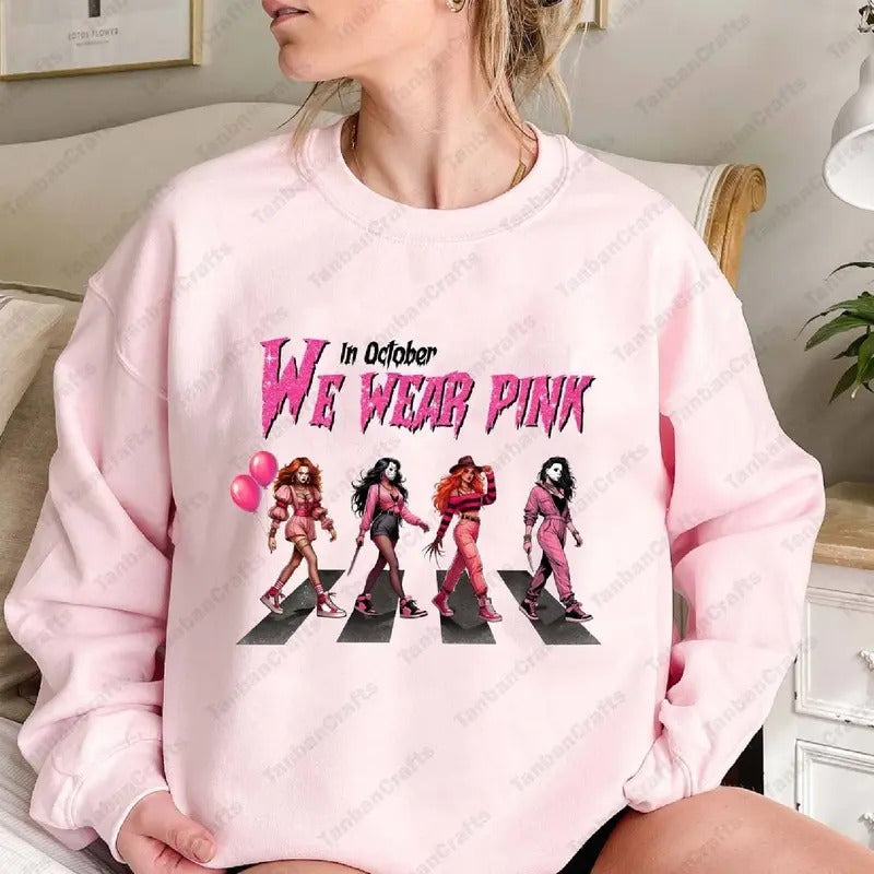 October We Pink Halloween Characters Breast Cancer Awareness Breast Cancer Month Halloween Shirt Funny Halloween Characters Shirt T-Shirts, Hoodie, Sweatshirt