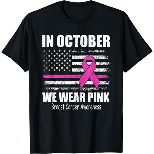 In October we Wear Pink Breast Cancer Awareness US Flag T-Shirt Made in USA Hoodie, Sweatshirt | GrindPrints.com