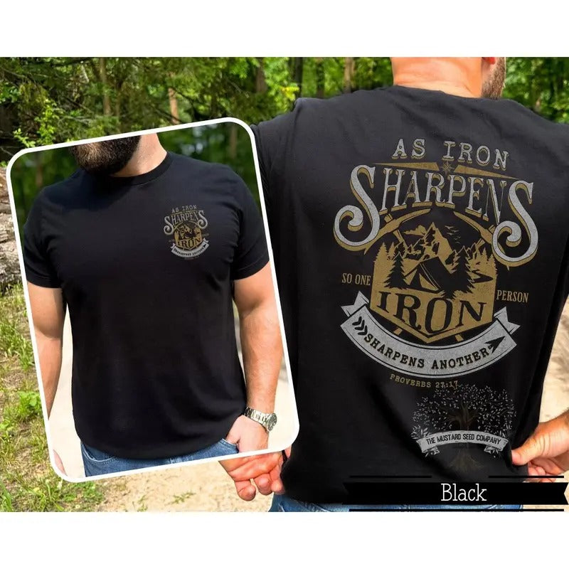 Iron Sharpens Iron Mens Christian T-shirt Proverbs 27 Shirt Vintage Christian Camping Tshirt for Him Christian Shirt for...