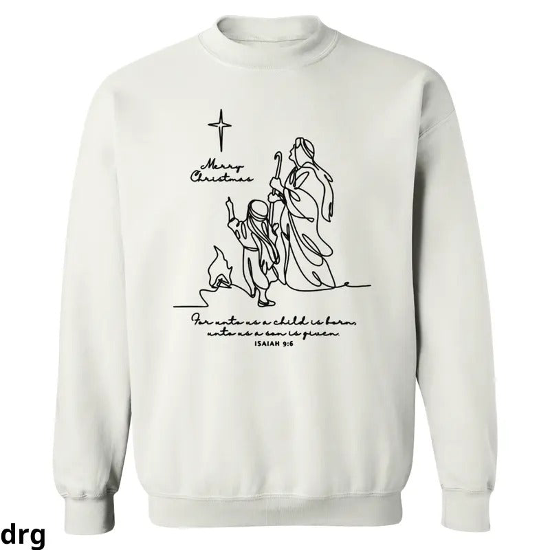 Isaiah 9:6 Christmas Sweatshirt, Minimalist Nativity Line Art Design, Hoodie Religious Holiday Apparel with Bible Verse...