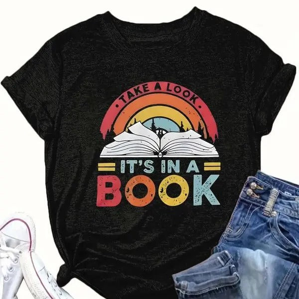 It's In A Book Shirt, Book & Letter Print Round Neck Tee, Book Sweatshirt, Women Tops  Comfort Cotton Hoodie