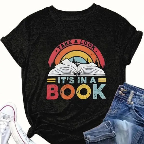 It's In A Book Shirt, Book & Letter Print Round Neck Tee, Book Sweatshirt, Women Tops  Comfort Cotton Hoodie