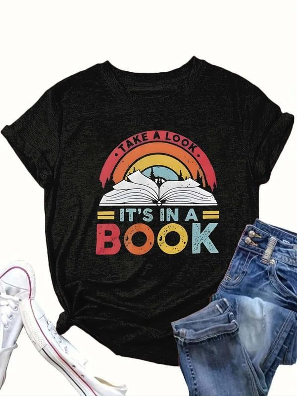 It's In A Book Shirt, Book & Letter Print Round Neck Tee, Book Sweatshirt, Women Tops for All Seasons Womenswear Hoodie