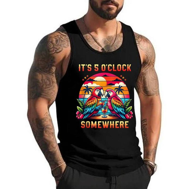 It_s 5 O_clock Somewhere Parrot Sunset Drinking Summer Retro Unisex Tank Top, Cotton, Size S-3XL T-Shirts, Hoodie, Sweatshirt