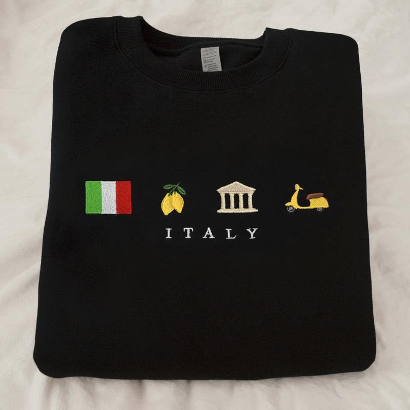 Italy Embroidered Cozy Comfortable Black Flag Lemon Travel Summer Winter Vespa Scooter Europe Dolce Vita Mediterranean Cotton Black T-Shirts, Hoodie, Sweatshirt