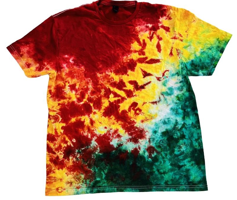 JUNGLE HEAT Red Yellow Green Hand Dyed Tie Dye T-Shirt Casual 100% Cotton True to Size Summer Casual Short Sleeve Crew Neck