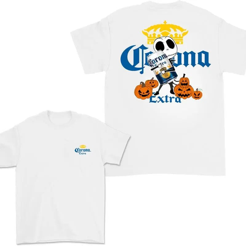 Jack Hug Corona Skellington Halloween Double Sided T-shirt , Skeleton Corona T-shirt Full color, Corona Halloween T-shirt...