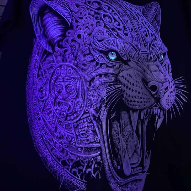 Jaguar Azteca T-Shirt Black Mexican Calendar Design Raglan Sleeve Crew Neck Graphic Top