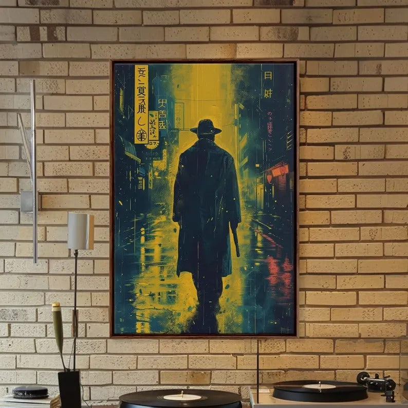 Japanese Gangster Mafia Art Print, Dark Art, Dark Dystopian Comic Art, Framed and Printed Canvas Art, Noir City Art,...