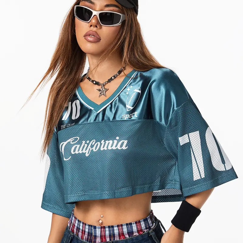 Jersey Shirts for Women Y2k Crop Tops Streetwear Sportswear Short Sleeve T-Shirt Cute Football Jersey Top Hoodie, Sweatshirt
