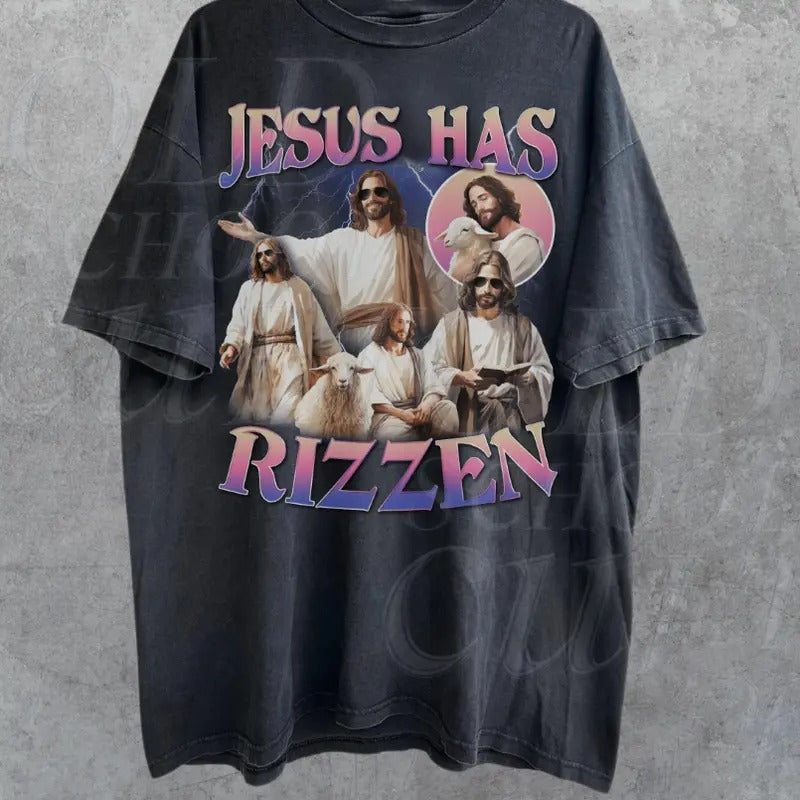 Jesus Has Rizzen Vintage T-Shirt, Retro 90s Graphic Shirt, Funny Shirts, Distressed Cotton Shirt, Oversized Bootleg Tees,...